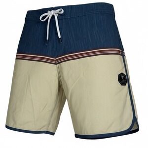 Vissla Mens Board Shorts Size 33 Beige Blue Stripe Logo Waist 33 Inseam 9 In